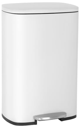 BestOffice 50 L Garbage Can Kitchen Trash Can with Lid for Office Bedroom Bathroom Step Trash Bin Fingerprint-Proof Brushed Stainless Steel，White