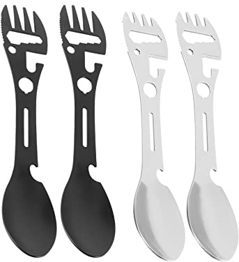 Qusedwey 4 Piezas 10 en 1 Camping Cuchara-Tenedor Multifuncional Cuchara-Tenedor Cuchara Abrelatas Llave Dentada para Senderismo al Aire Libre Mochilero