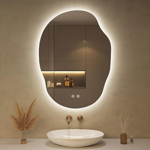 OUMUSU LED Badspiegel mit Beleuchtung Asymmetrischer 56x76cm | Badezimmerspiegel mit Beleuchtung,Beschlagfrei,Touch-Schalter, Dimmbar,3 Lichtfarbe Einstellbare, Bruchsicher
