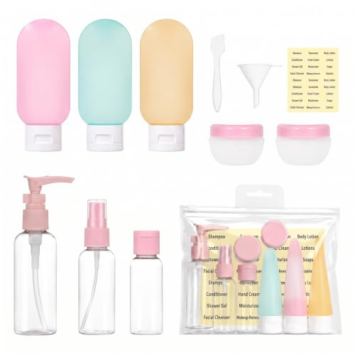 12 PCS Travel Containers Kits,Travel Accessories Leakproof Squeezable Travel Bottles Refillable Containers Kit with Bags for Cosmetic Shampoo Lotion Liquids
