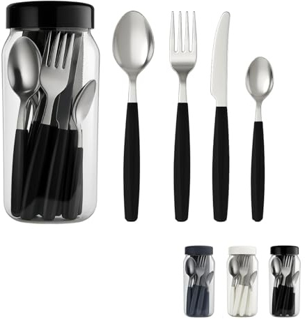 Paluplus Set 24 Posate in Acciaio Inox con Manico in Plastica, Servizio da 6 Persone, set composto da cucchiaio, forchetta, coltello e cucchiaino, Lavabili in Lavastoviglie -5173M -0,9 (Nero)