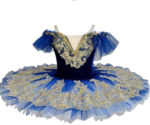 EFLALYHG Ballett-Tutu-Aufführungskleid für Mädchen, Ballett-Tutu im Pfannkuchen-Stil, Besticktes Tutu, Kostüme für den Schwanentanz-Wettbewerb,Blau,160