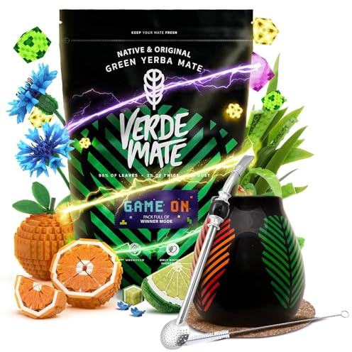 Coffret Yerba Mate pour Gamers – Verde Mate Green Game On, Calebasse céramique Samba, Bombilla Bomba, Sous-verre en liège