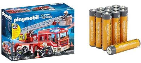 PLAYMOBIL Feuerwehr-Leiterfahrzeug, Licht & Sound, 5+ Jahre, 9463, & AAA Alkaline-Batterien Amazon Basics 12 Stück, 10 Jahre