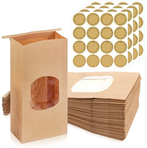 50 Stück Kekstüten, 17×9×6 cm Kleine Plätzchentüten Brottüten Braune Papiertüten Kraftpapier Tüten Klein Brottüten Papier mit 64 Einen Aufkleber für Gebäck Süßigkeiten Kekse Brötchen