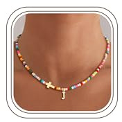 Turandoss Bunte Perlenkette mit Buchstaben Damen Mädchen - Gold Bunte Perlen Kette mit Buchstaben Kreuzkette Halskette Geburtstagsgeschenke Geschenke für Teenager Mädchen Frauen Kinder Schmuck