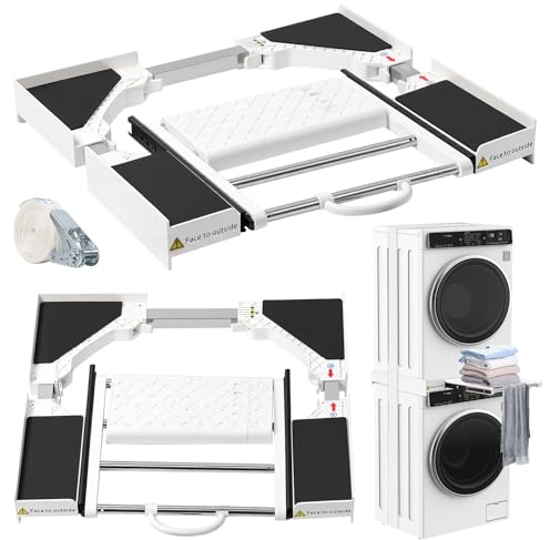 Kit Unión Lavadora Secadora Regulable Soporte Apilamiento Universal 42-73cm | Kit de Estantería Apilado Universal con Estante Deslizante, con Cuerda de Trinquete Marco Intermedio Ajustable para Lavadoras