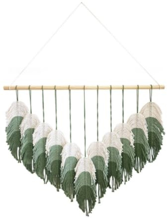 Folpus Tapiz de Hojas Macramé Pared Colgante Decoración Mural Tejido Artesanal con Cordón Triangular y Textura de Flecos Algodón y Madera Adecuado para, Verde, 80 110cm
