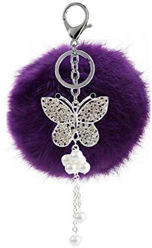 Canarea strass bommel Keychain mit Glitzer Schmetterling Perle Anhänger Schlüsselanhänger plüsch ball Taschenanhänger Elegant Plüsch-Kugel Auto-Anhänger Pompom Schlüsselring Handtasche Dekor (Lila)