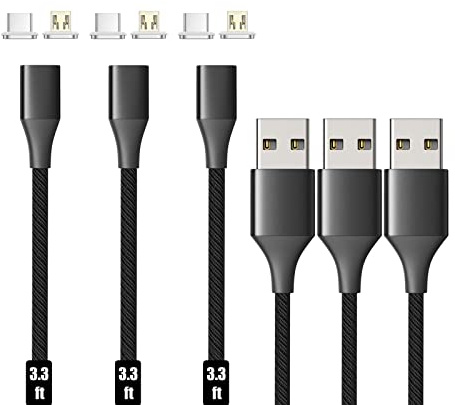 N. NETDOT Magnetic Charging Cable, Gen10 Nylon Braided 2-in-1 Magnetic Phone Charger Compatible with USB-C and Micro-USB Devices (3.3ft/3 Pack Black)