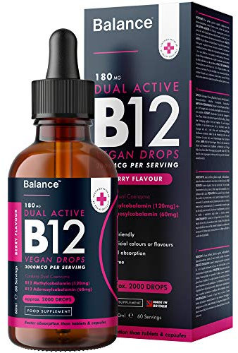 Vitamin B12 Liquid Drops - Vegan - High Strength 3000mcg - 2 Month Supply - 60 Servings - 18,000mcg per 60ml Dropper Bottle - Sublingual & Dual Action for Fast Absorption - Made in The UK by Balance