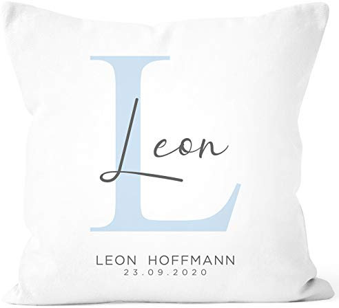 SpecialMe® personalisierbare Kissen-Hülle zur Geburt mit Monogramm Initiale Geburtskissen Namenskissen Geschenk Geburt Baby Jungen weiß Unisize
