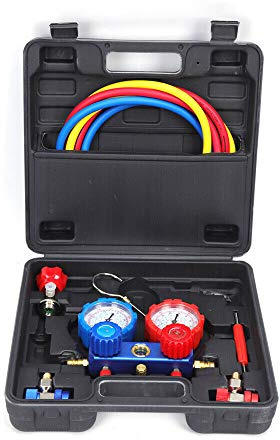 Klimaanlage Monteurhilfe 2 Wege kältemittel klimaanlage set Kältemittel Manifold Messgerät Set Klimaanlage Werkzeuge mit Schlauch und Haken für R134a R22 R12 R404A R410A mit Box