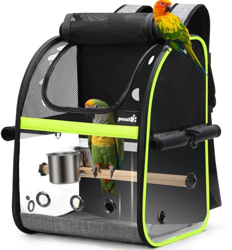 pecute Rucksack für Vögel mit Holzstab, Leichte Träger Vogel Transporttasche, wasserdichte Papageien Reiserucksack mit Edelstahl-Tablett und Stehstange, Transportbox Vogel, 34 x 28 x 43cm