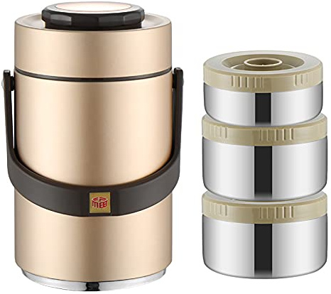 SJASD Contenitore Termico per Cibo,3 Strati Contenitore Termico per Alimenti Caldi in Acciaio Inossidabile,Impilabile Contenitore Porta Pranzo Bento Box per Ufficio Scolastico,d'oro,2.3L