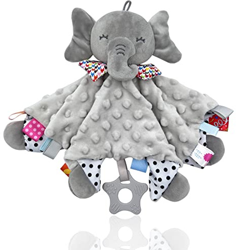 UNMOT Baby Comforters Blanket,Baby Comforters Newborn Soft Touch Tag Blankets Elephant Soft Comforter Baby sleeping toy with Taggies Teether soft elephant security blanket (Grey)