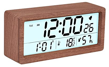 GINZER Wooden Digital Alarm Clock With 6 Large Display, Snooze, Calendar, Backlight, Temperature Humidity - Battery Operated Desk Clock for Bedroom Office