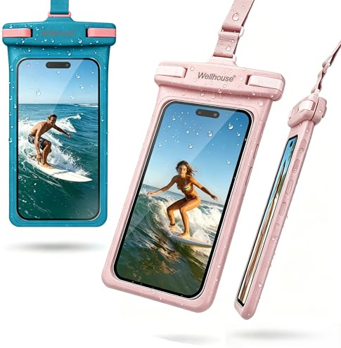 wellhouse Waterproof Phone Pouch, Waterproof Phone Case for iPhone 16 15 14 13 12 Pro Max XS Samsung, IPX8 3D Cellphone Dry Bag Beach Essentials (2 Pack - Blue & Pink7.0, 7 inch)