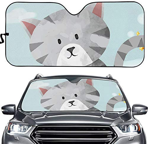 Hixingo Auto Frontscheibe, Sonnenschutz für Windschutzscheibe, Frontscheibenabdeckung mit Karikatur Motiv, Faltbares Design Auto Sonnenschutz, UV-Schutz, für meisten Autos (Katze)