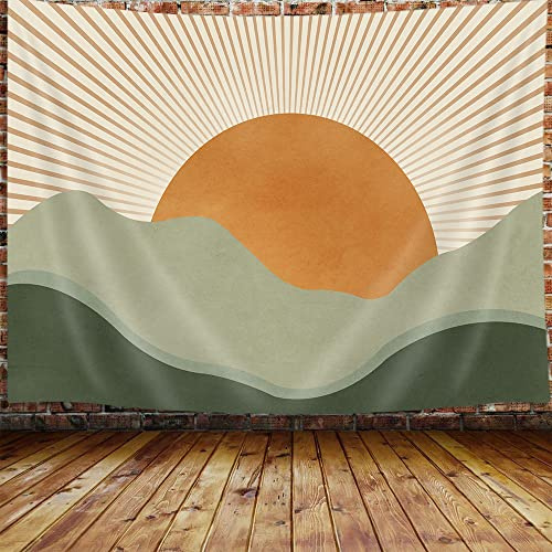 JAWO Sage Green Tapestry, Abstract Mountain Golden Sun Nature Boho Tapestry Wall Hanging for Bedroom, Modern Landscape Minimalist Tapestries Poster Blanket College Dorm Home Decor 60X40Inches