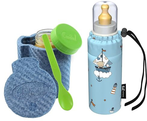 Emil Baby-Set – Thermo-Essglas mit Schraubverschluss, Thermobecher & Löffel – Babyflasche aus Glas, BPA-frei & schadstofffrei inkl. Latexsauger (0-6 Monate) & Anti-Kolik-Ventil - Maritime