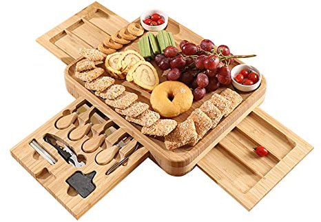 THREMA Kit De Tabla De Queso De Bambú, Juego De Tabla De Charcutería Extra Grande con Cuencos De Cerámica Y Abridor De Vino, Tabla Multiusos Y Duradera Y Fácil De Limpiar, Elección Gourmets