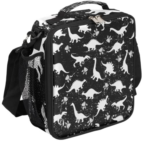 Lonchera con diseño de dinosaurios abstractos, bonita lonchera negra con aislamiento, bolsa térmica con correa de hombro ajustable extraíble para mujeres, hombres, oficina, picnic