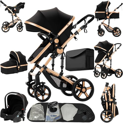 Prokoke Carrito Bebe 3 en 1, Carro Bebe 3 Piezas con Empuje Reversible de Dos Vías, Cochecito Tres Piezas con Estructura de Aleación Aluminio, Coche Tres en 1 Recién Nacidos (black gold 588)