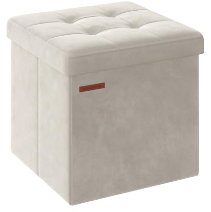 SONGMICS Pouf Pieghevole, Cassapanca in Velluto, Contenitore con Coperchio, Poggiapiedi, 38 x 38 cm, Portata 300 kg, per Corridoio, Soggiorno, Camera da Letto, Bianco Crema LSF227W01