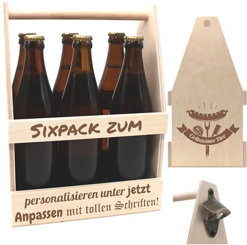 die-veredler GRILLMEISTER BIER-Bierträger personalisiert Sixpack Flaschenträger aus Holz mit Gravur Männerhandtasche mit Namen Männerhandtasche Bier perfekt für Mann, Papa, Opa, Onkel, Freunde