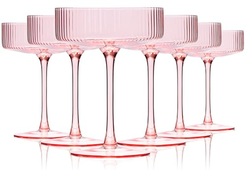 9 oz Pink martini glasses Vintage Art Deco Blush Pink Coupe Glasses Set of 6 Vintage Ribbed Cocktail Glasses,Unique Pink Coupe glasses set