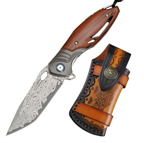 LMTYJZRY Klappmesser einhandmesser Damast Taschenmesser Einhandmesser Hochwertiges Klappmesser, Outdoor Klappmesser Edelstahl Ultrascharfes Mit Schöner Lederscheide