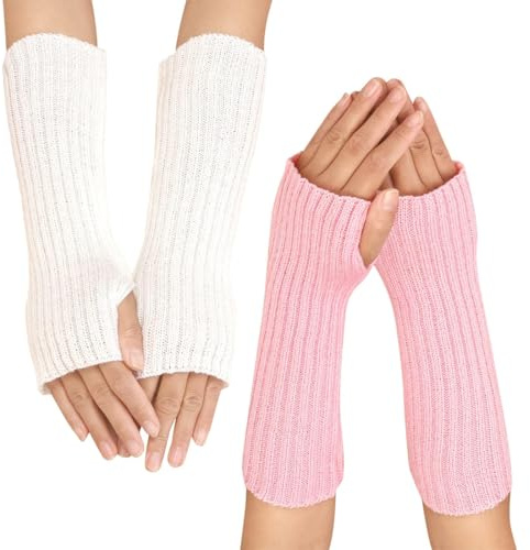 NJCXOLA 2 Paar Winter Gestrickte Handschuhe für Damen, Fingerlose Armstulpen Feinstrick lang Handwärmer Stulpen, Warm Strick Handschuhe Pluswärmer Handstulpen Armwärmer Stulpen für Damen