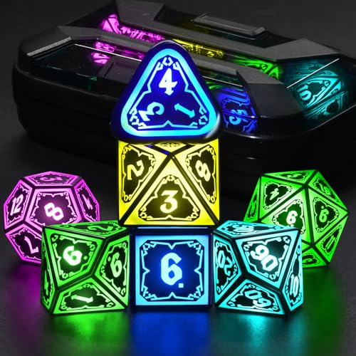 FONVGOGO LED DND Würfel Set Wiederaufladbar Leuchtendes 7-teilig für RPG | Coole Würfelset mit Ladebox, Polyedrisches Spielwürfel für Dungeons and Dragons Rollenspiele Tischspiele, Mischfarbe