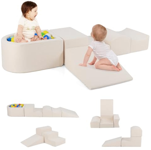 GOPLUS 5 PCS Parcours Motricité Bébé avec Piscine a Balle (Balle Non Inclus), Amovible, Module Motricité Bébé avec Housse Lavable, Toboggan pour Ramper Rembourré Éponge de Densité, Enfant 3 Ans+