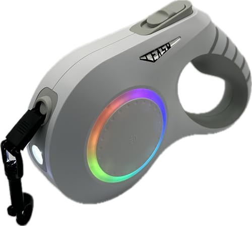 Correa Extensible Perro Que Facilita Tus Paseos Nocturnos. Retráctil Sin Enredos, con Luces led y Linterna, Cinta de Nylon Resistente, Bloqueo de Pausa con una Mano.(Blanco)