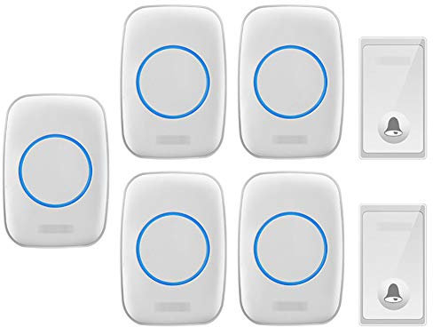 Timbre inalámbrico autoalimentado, 2 transmisores, 5 receptores, kit de timbre de puerta inalámbrico con enchufe de pared a prueba de agua con alcance de 650 pies, 58 timbres, volumen de 4 niveles y
