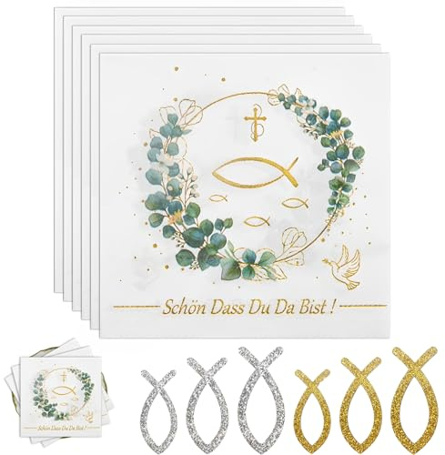 40 Stück Servietten Kommunion & Konfirmation Deko Set – Tischdeko Kommunion mit 60 Holzfischen Gold Silber – Eukalyptus Fisch Motiv Servietten Taufe & Firmung Deko Jungen Mädchen