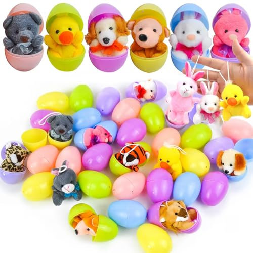 GizmoSynth Filled Easter Eggs, 12pcs Cute Animal Plush Toys Prefilled Gold Plastic Easter Eggs Surprise Present for Easter Basket Stuffers Party Favors Egg Hunt for Kids 12pcs