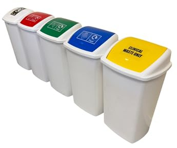 Chabrias Ltd Swing Top Bin, Set of 5 White/Red/Green/Blue/Yellow, 50 Litre FlipTop, Colour Coded Recycling, Plastics, Glass, Non-Recyclable, Paper, Clinical Waste
