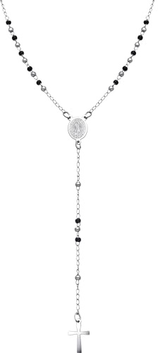 Dada Gioielli - Collana Rosario Uomo Donna Sfere Acciaio Argentato e Nero. Rosario moderno con medaglietta Madonna Miracolosa e croce