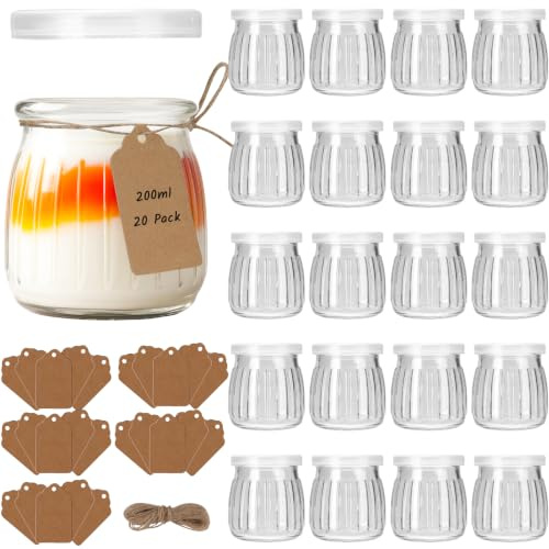 CulnCraz 20 Pack 200ml Klar Joghurtgläser mit luftdichten PE Deckeln | Transparente Dessertgläser, Kleine Marmeladengläser mit Etikett und Schnur, Puddinggläser für Gelee, Honig, Tiramisu, Mousse
