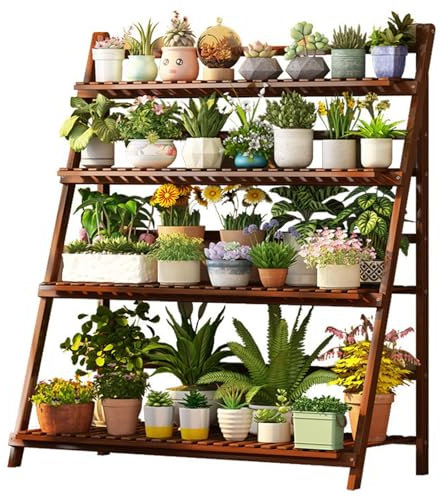 Soporte de bambú de 4 niveles para plantas, plegable, multifuncional, estante de almacenamiento para flores, estante de escalera para ventana, jardín, balcón, elegante color marrón, 50 cm