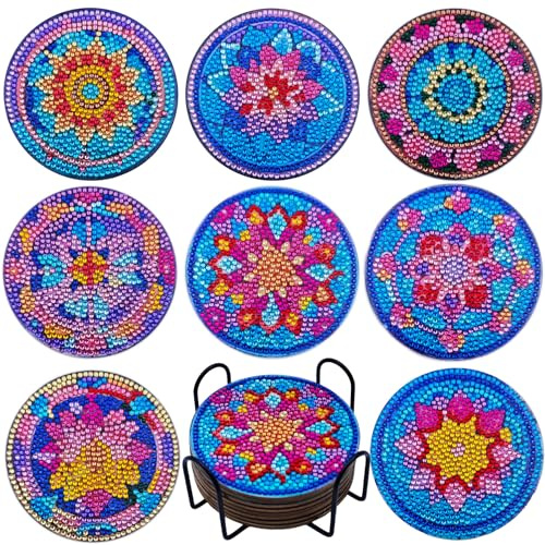LinJunnz 8 Stück Diamond Painting Untersetzer, Diamant Malerei Untersetzer mit Halter, untersetzer gläser, mit Diamanten und Montagewerkzeuge fur Tassen,Vasen, Kerzen Dekoratio（Mandala）