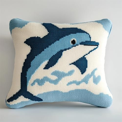 Rqwybcaxn Diy Knüpfkissen Set Cartoon-Delfin Knüpfsets,Knüpfkissen,Sticksets,Diy-Teppich,Handarbeiten,Knüpfkissen-Sets 43X43Cm