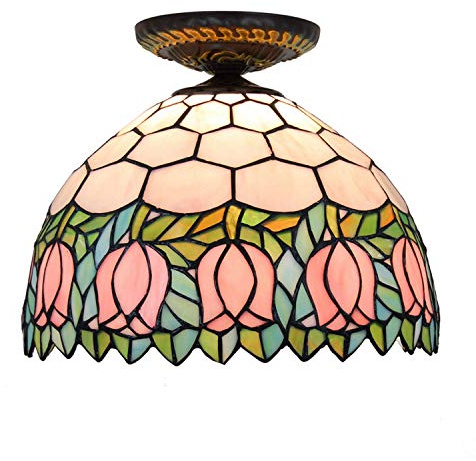 HJLJKG Style Stained Glass Chandeliers 12 Ceiling Lights Style Stained galss Pink Tulip Glass Shade for Living Room Ceiling Lamp