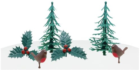 Anniversary House 6pcs Nostalgic Festive Forest Cake Decorating Kit Christmas Cake Decorations, Cake Toppers, Yule Log Decorations, Traditional Non-Edible Decorations, Robin, Tree, Holly BX387