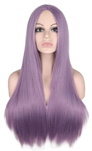 Peluca larga y lisa de 66 cm (26 pulgadas) de color lila claro, peluca de fibra sintética resistente al calor for mujer, ideal for Halloween, cosplay y uso diario.