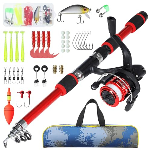 Axrye Canne à pêche pour enfants avec moulinets rotatifs et accessoires de pêche, canne à pêche télescopique légère de 180 cm avec kit complet pour leurres et sac de transport pour jeunes (rouge)