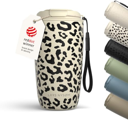 LARS NYSØM Mug Isotherme Cafe avec sangle et couvercle en tritan 500ml | Tasse de voyage avec design à motif 0.5l avec isolation | Tasse thermique étanche en acier inox (Beige/Leopard/Black)